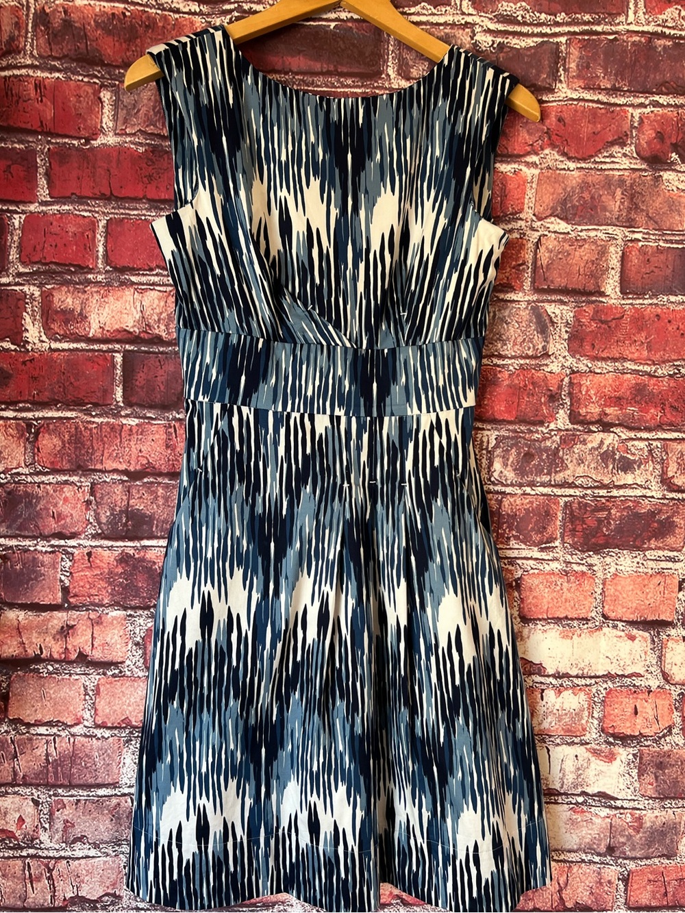 Calvin Klein Ikat Print Fit & Flare Dress Blue White Pockets Sz S / M